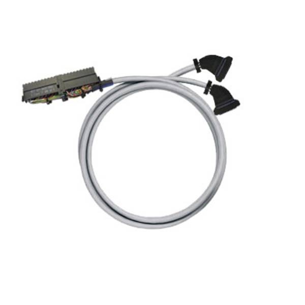Aufgewickeltes graues Kabel mit einem mehrpoligen Stecker an einem Ende und zwei schwarzen Steckern am anderen Ende, gezeigt auf weißem Hintergrund.
