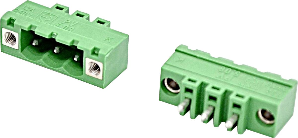 Weißer Kunststoff-Elektrostecker in zwei Ansichten gezeigt, mit mehreren Steckplätzen und sichtbaren Metallkontakten auf der Seite.