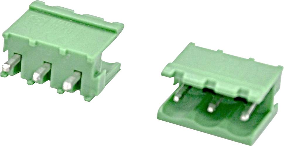 Grüner 3-poliger Elektrostecker in zwei Ansichten, wobei das Kunststoffgehäuse und die Metallstifte hervorgehoben sind.