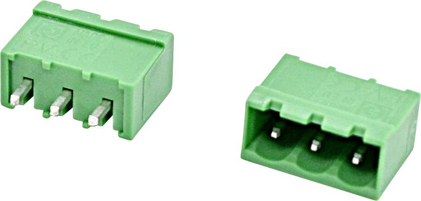 Zwei grüne 3-polige elektrische Steckverbinder nebeneinander gezeigt, einer mit freiliegenden Metallstiften und einer mit Buchsenöffnungen.