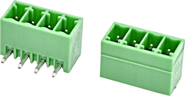 Zwei grüne 4-polige Schraubklemmleisten, aus verschiedenen Winkeln gezeigt, mit Metallstiften für die Platinenmontage.