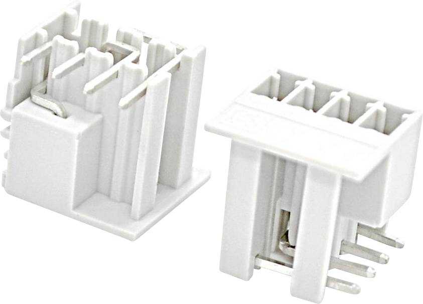 Zwei weiße Kunststoff-Elektrosteckverbinder-Gehäuse gezeigt von oben und von der Seite, mit mehreren sichtbaren Metallstiften am rechten Steckverbinder.