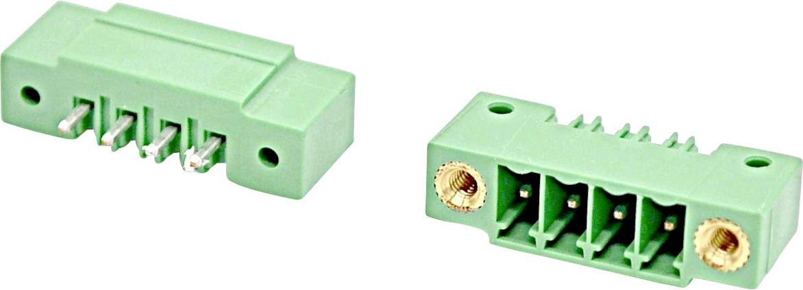 Zwei grüne 4-Positionen-Schraubklemmleisten mit Metallverbindern, von zwei Blickwinkeln auf weißem Hintergrund dargestellt.