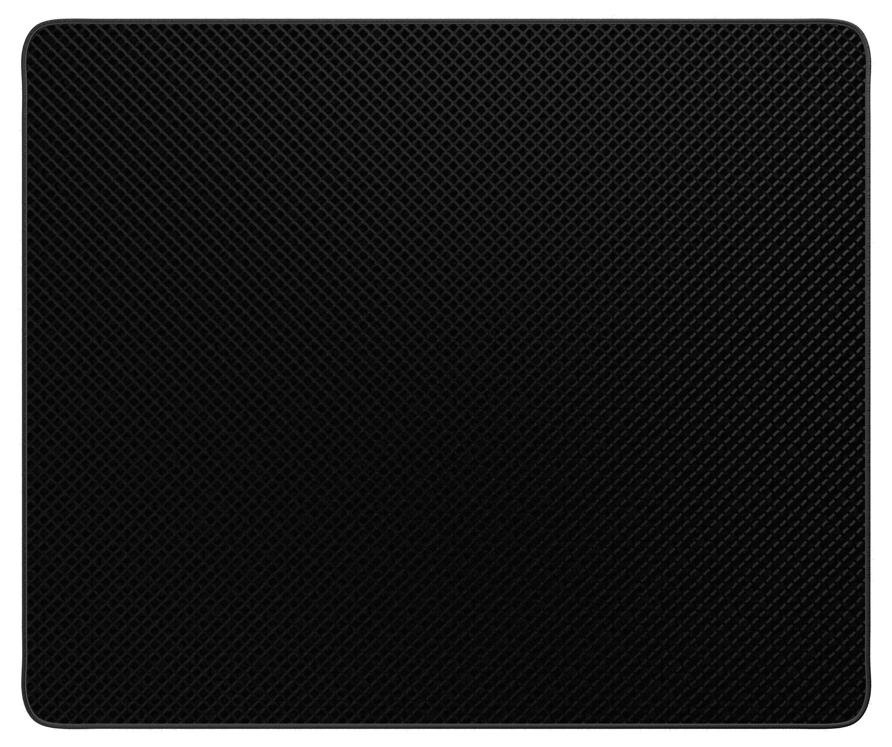Schwarze rechteckige Matte oder Unterlage mit Textur und abgerundeten Ecken auf weißem Hintergrund.