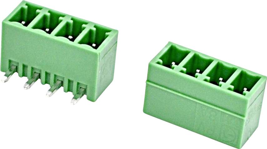 Zwei grüne 4-polige Schraubklemmenblöcke in unterschiedlichen Winkeln dargestellt, jeweils mit vier Drahtöffnungen und vier Metallstiften zur Platinenmontage.