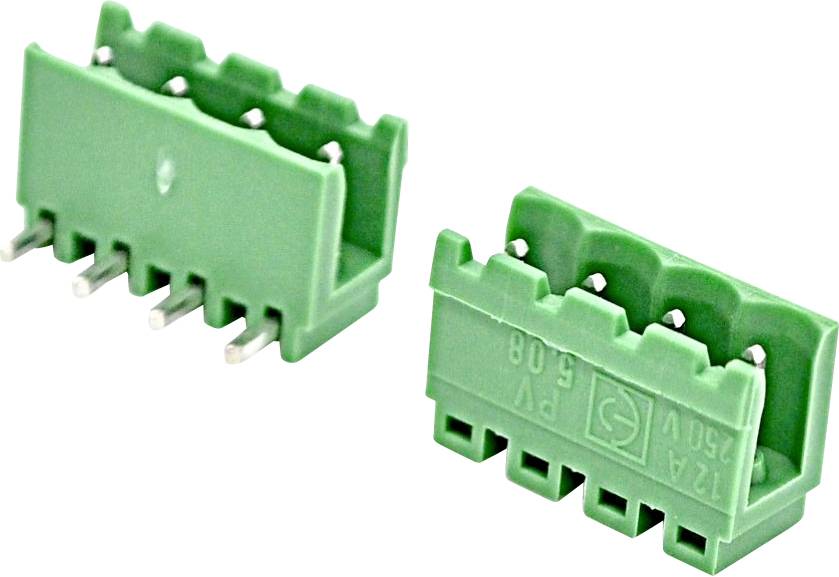 Zwei grüne elektrische Klemmleistenverbinder, im Winkel gezeigt, mit sichtbaren Metallstiften darunter.