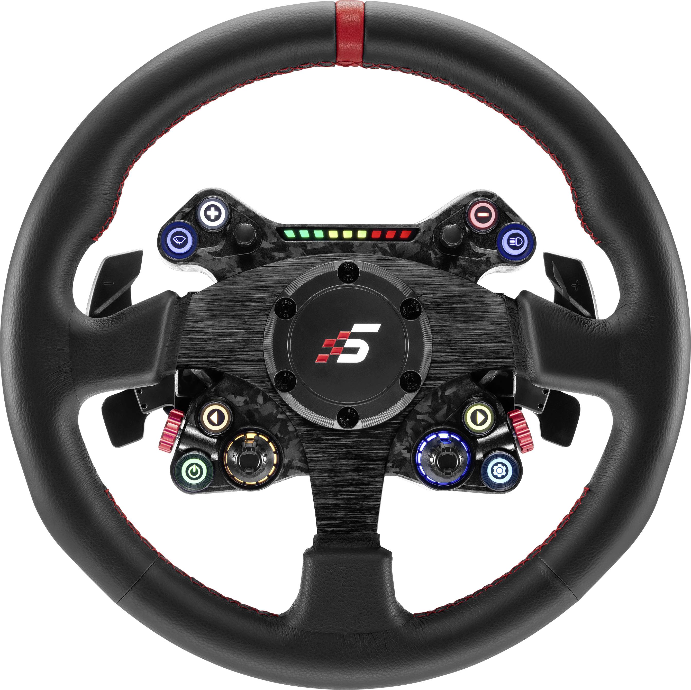 Ein Racing-Lenkradregler mit mehreren beleuchteten Tasten, Schaltlichtern und Schaltpaddles auf einer schwarzen Felge.