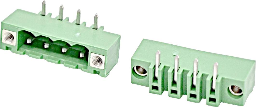 Zwei grüne vierpolige elektrische Stecker, von verschiedenen Winkeln dargestellt, mit Metallkontaktstiften und schraubbaren Enden.