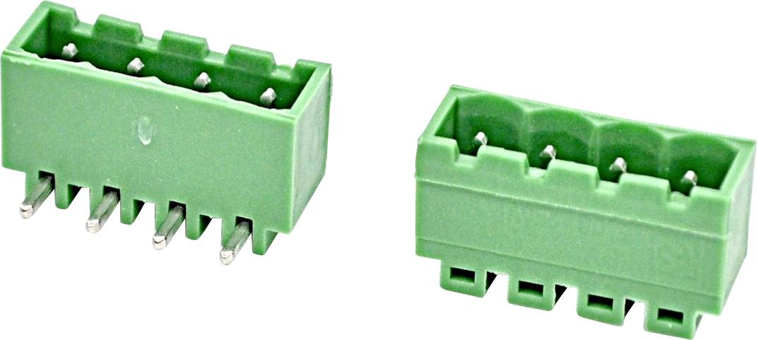 Grüner 5-poliger elektrischer Steckverbinder, von zwei Winkeln auf weißem Hintergrund abgebildet.