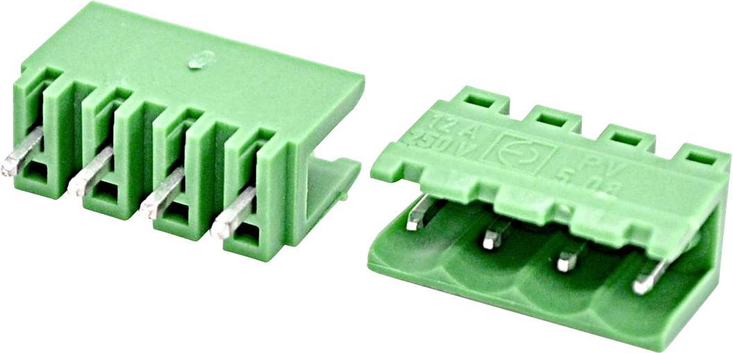Zwei grüne 4-polige Elektroklemmenblöcke nebeneinander auf weißem Hintergrund dargestellt.