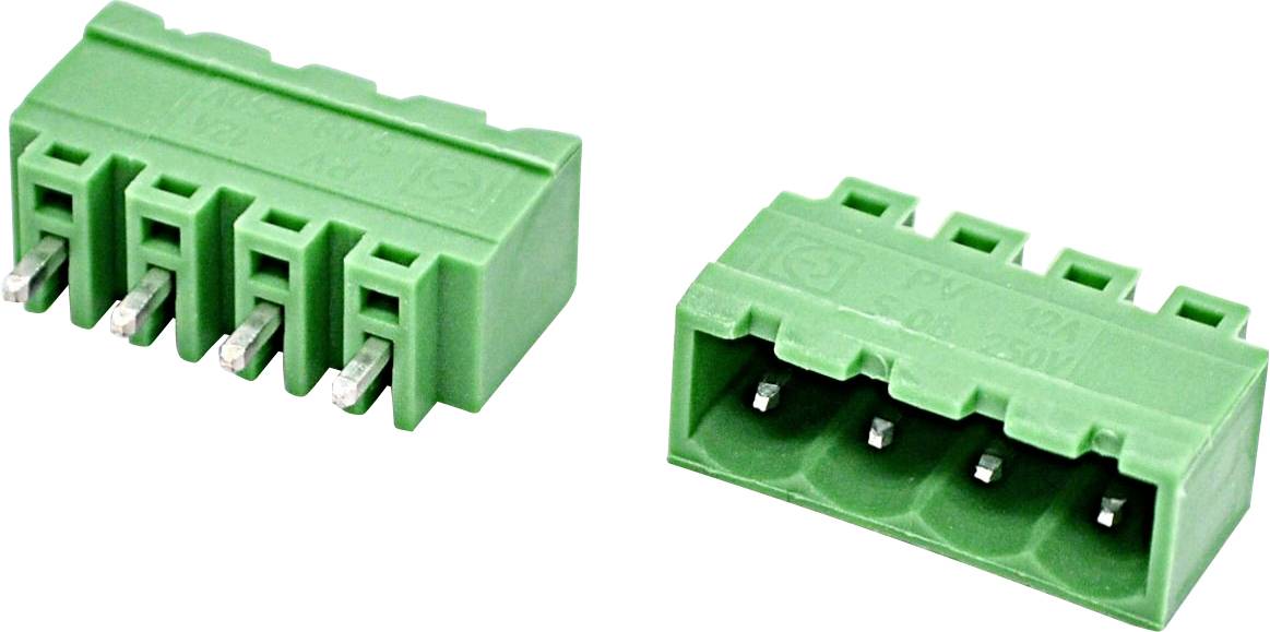 Zwei grüne Klemmleisten-Elektrostecker, gezeigt auf weißem Hintergrund, einer mit freigelegten Metallstiften und einer mit Buchsenöffnungen.