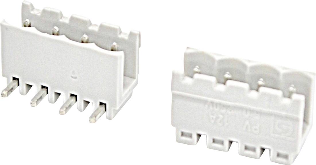 Weiße elektronische Steckverbinderkomponenten mit mehreren Metallstiften, gezeigt von vorne und von der Seite auf einfachem weißem Hintergrund.