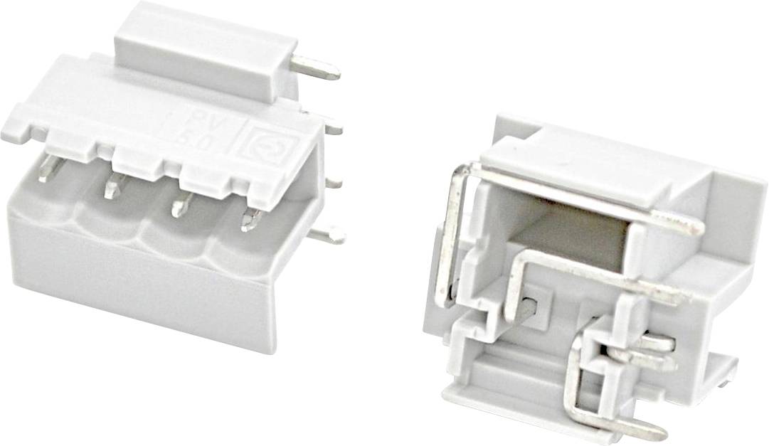 Zwei Ansichten eines weißen Kunststoff-Steckergehäuses mit Metallkontakten und Clips, dargestellt vor einem einfachen Hintergrund.