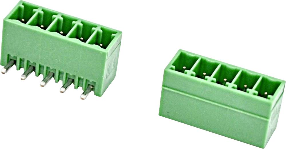Zwei grüne mehrpolige Schraubklemmblöcke, von vorne und aus winkliger Seitenansicht auf weißem Hintergrund dargestellt.