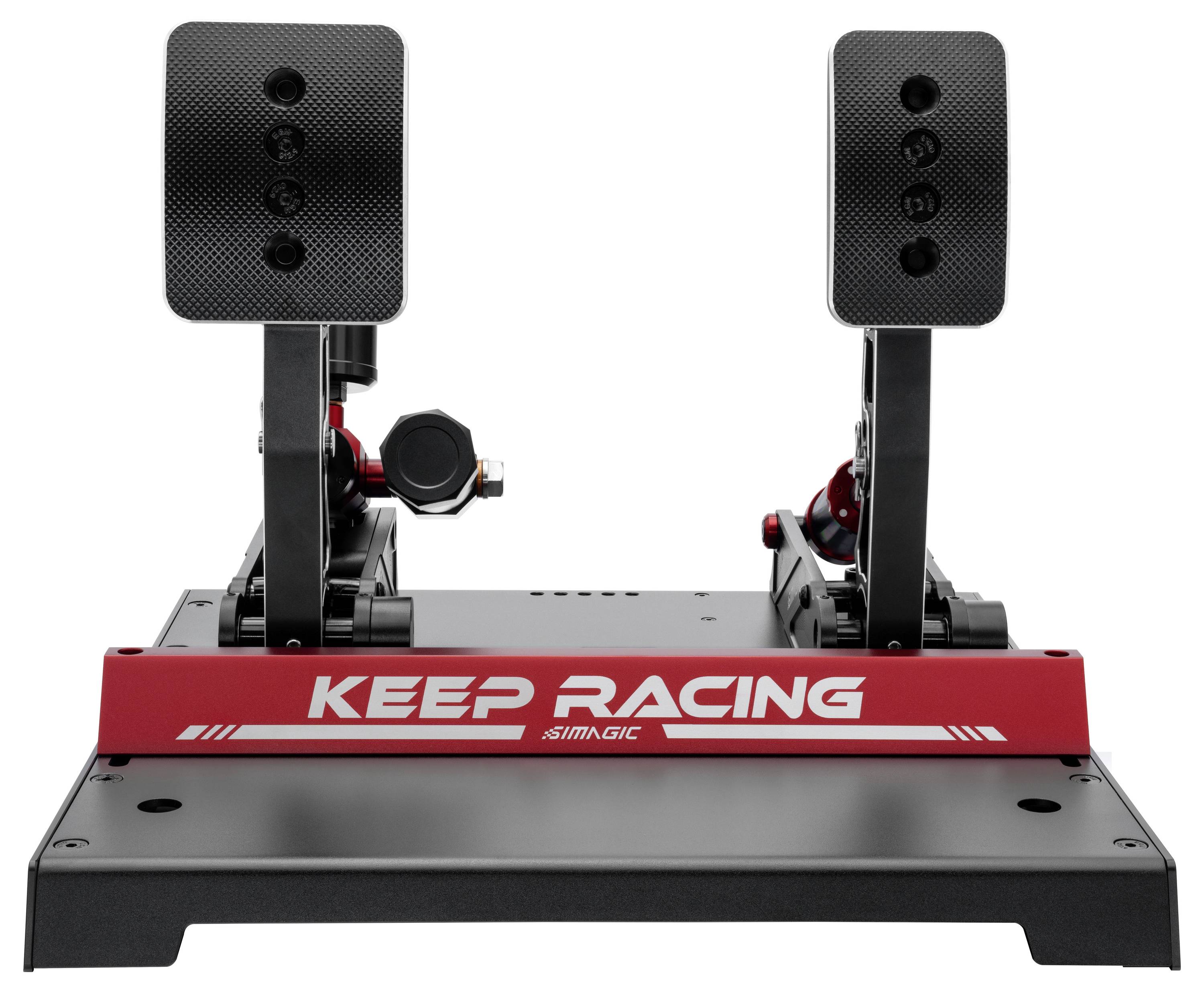 Ein Rennfahrer-Simulator-Pedalsatz mit zwei schwarzen Pedalen auf einer rot-schwarzen Basis mit den Aufschriften „KEEP RACING