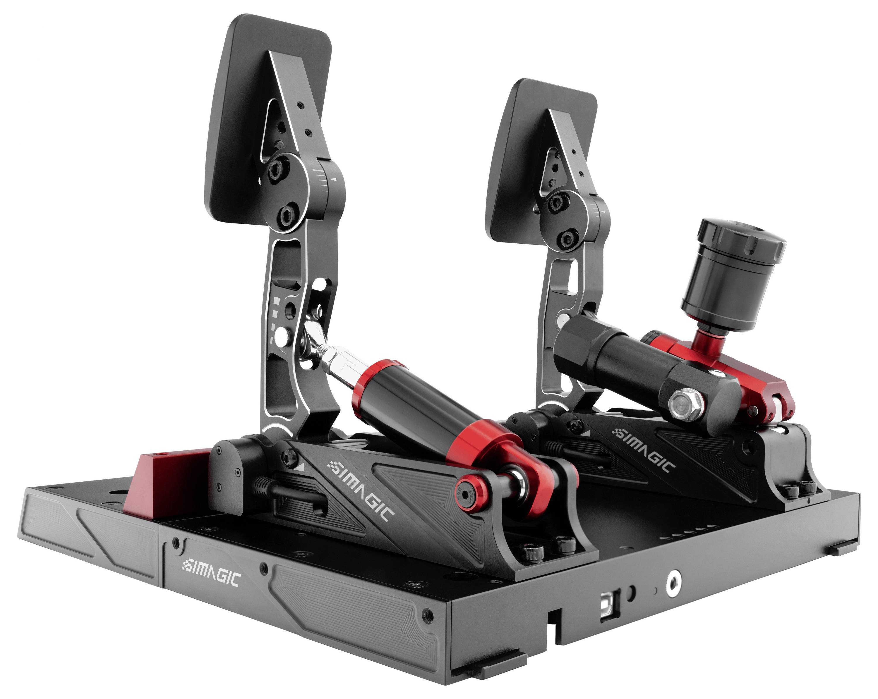 Ein doppelter Flugsimulator-Pedalset mit Metallfußstützen, verstellbaren Ruderpedalenund einem zentralen hydraulischen Bremszylinder auf schwarzer Basis.