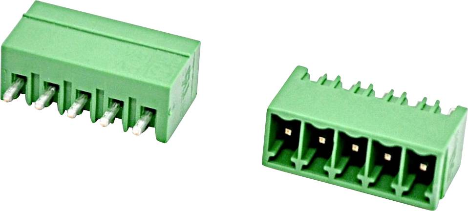 Zwei grüne elektrische Drahtklemmenblöcke/Steckverbinder, nebeneinander angezeigt, einer abgewinkelt, um die Stiftseite zu zeigen, und der andere die Drahteingabeseite.