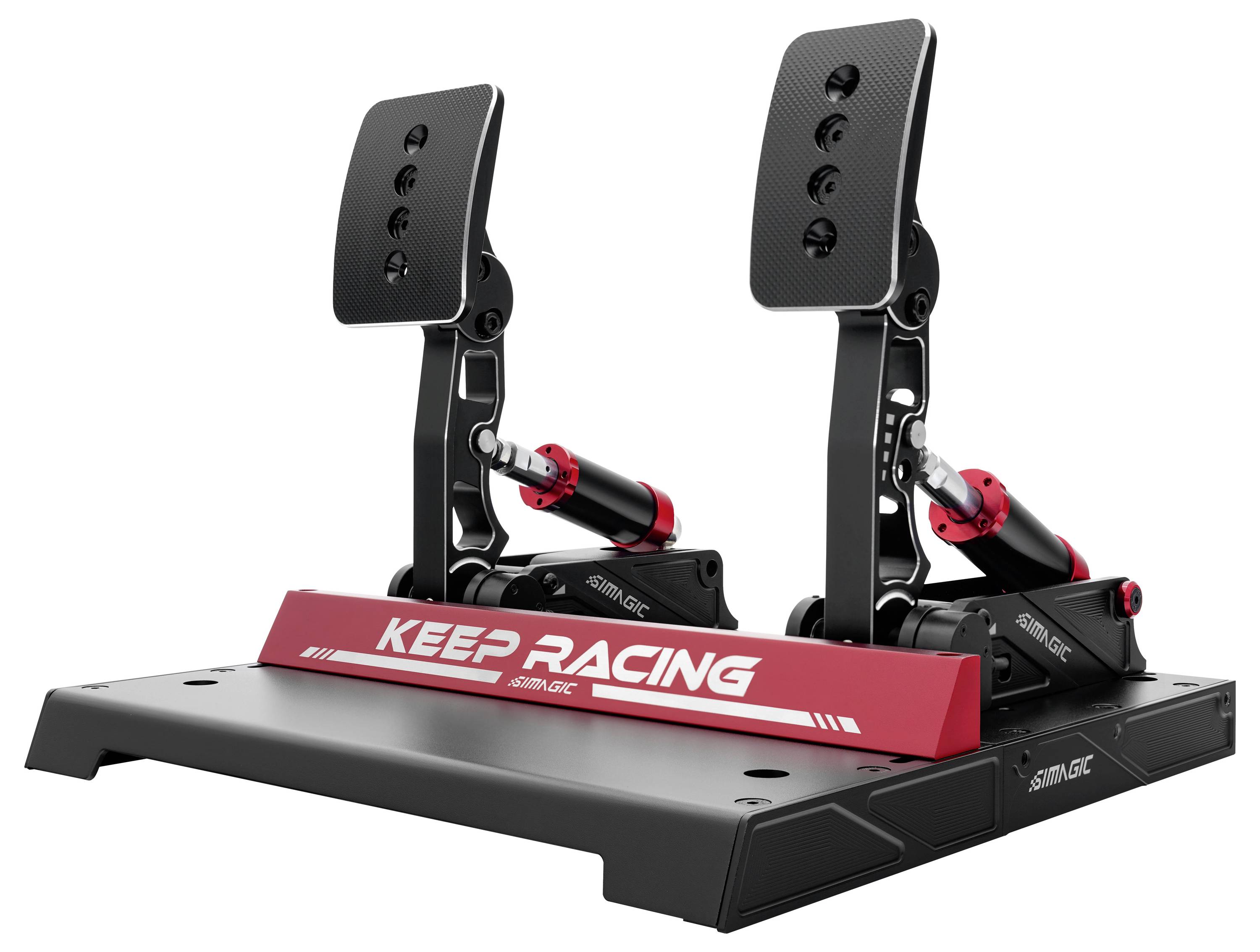 Verstellbarer Rennsimulatorbremspedalsatz mit zwei schwarzen Fußpedalen auf einer Basis, rote Vorderleiste mit der Aufschrift „KEEP RACING