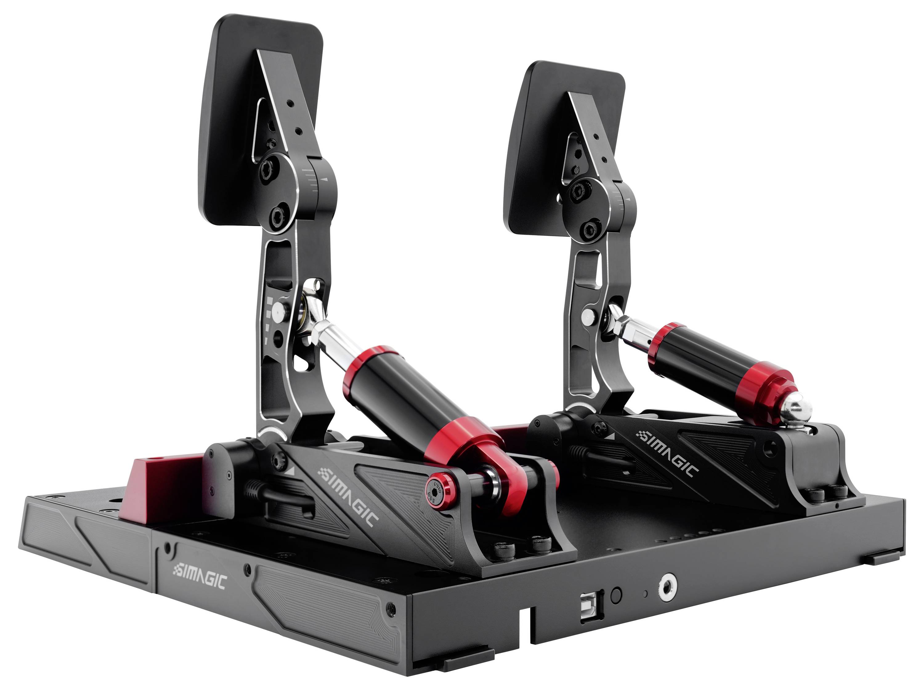 Doppel-Rennsimulatoren-Pedalset mit verstellbaren schwarzen und roten Pedalen, montiert auf einer Metallbasis