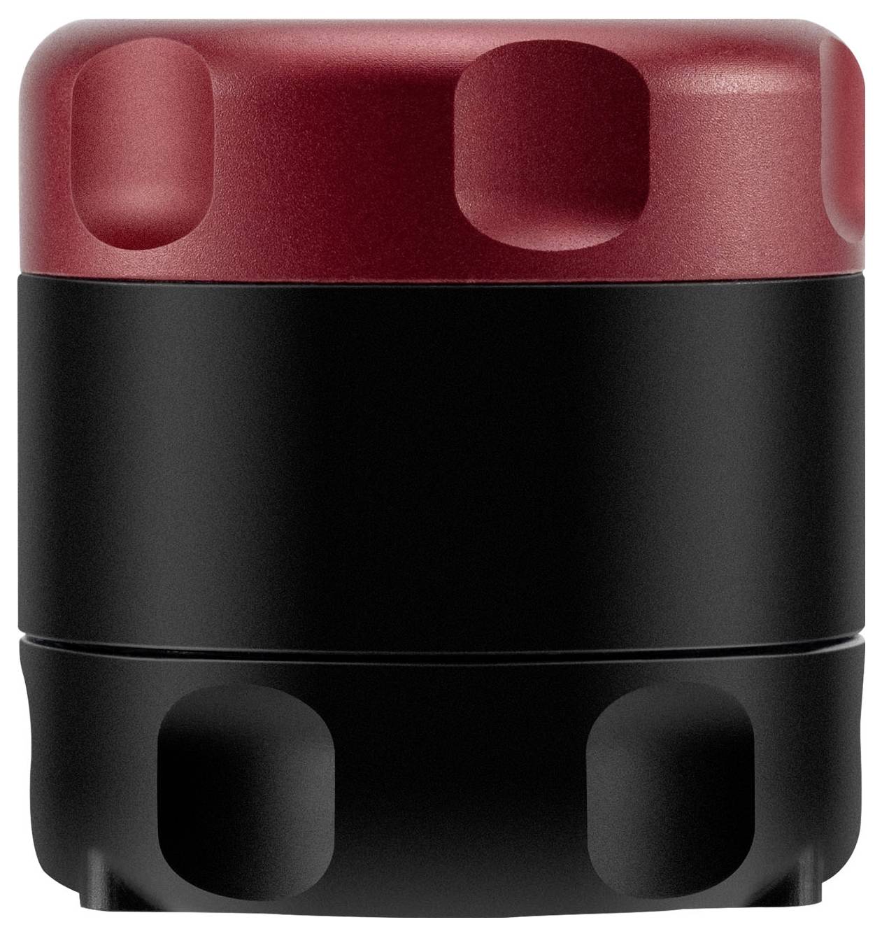 Rotes und schwarzes zylindrisches Metallbauteil mit abgerundeten rechteckigen Ausschnitten, dargestellt auf einfachem weißem Hintergrund.
