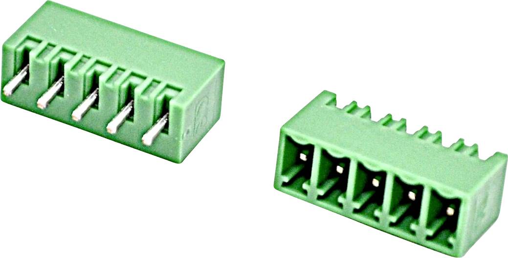 Zwei grüne 5-polige Elektro-Klemmenleisten-Stecker auf weißem Hintergrund, aus zwei Blickwinkeln gezeigt.