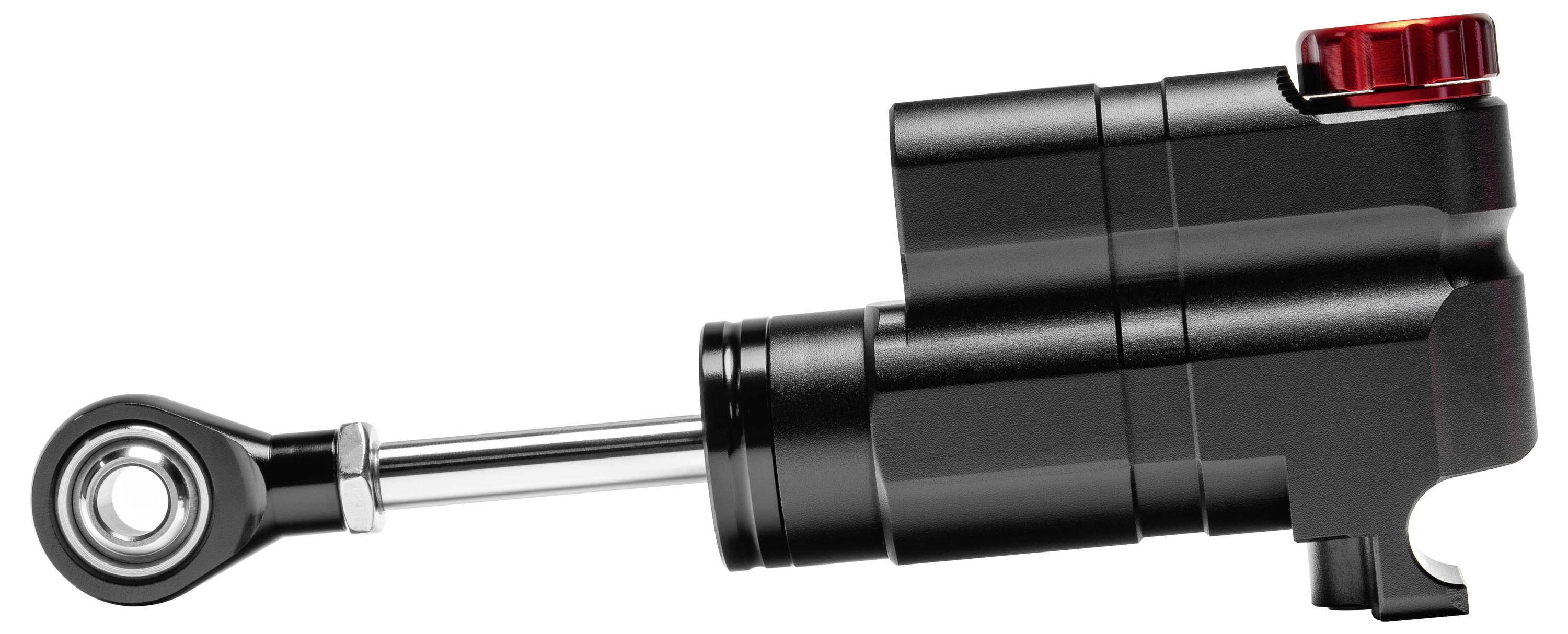 Schwarzer Hydraulikzylinder oder Stoßdämpfer mit polierter Stange und kreisförmiger Ösenbefestigung auf der linken Seite, dargestellt vor weißem Hintergrund.