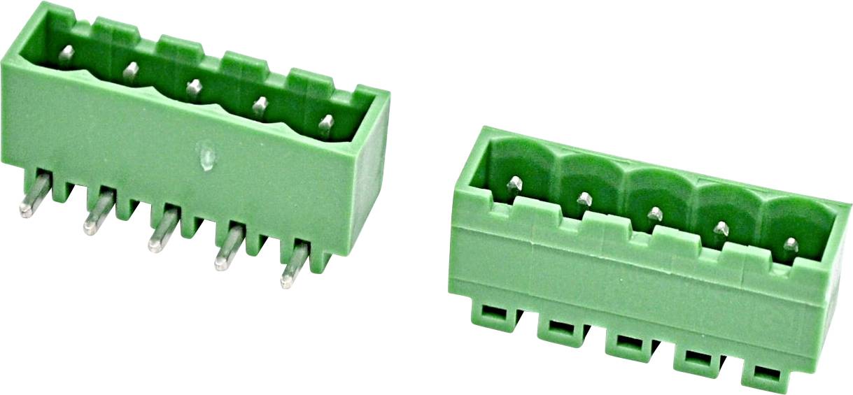 Zwei grüne Leiterplatten-Stiftleisten-Verbinder in verschiedenen Winkeln dargestellt, eine Seitenansicht mit hervorstehenden Metallstiften und eine Vorderansicht mit Steckeröffnungen.