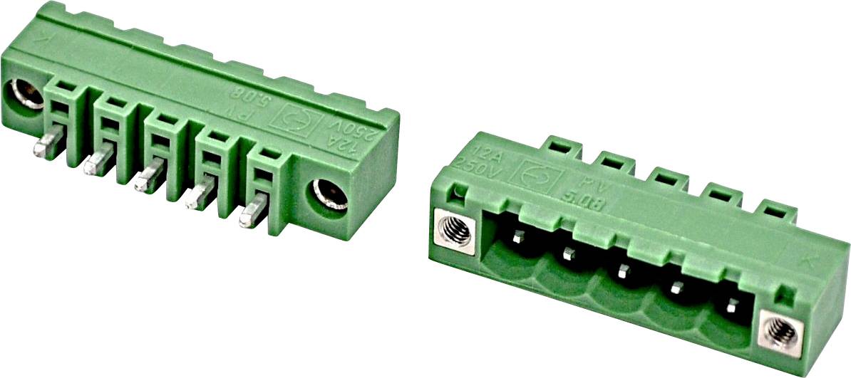 Zwei grüne Schraubklemmen-Verbindungsblöcke auf weißem Hintergrund, eine Seite mit freigelegten Stiften und die andere mit Drahteingangsöffnungen
