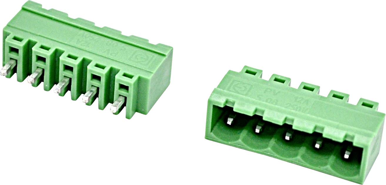 Zwei grüne Schraubklemmen-Steckverbinder, gezeigt von vorne und von der Seite, mit je fünf Drahtplätzen.