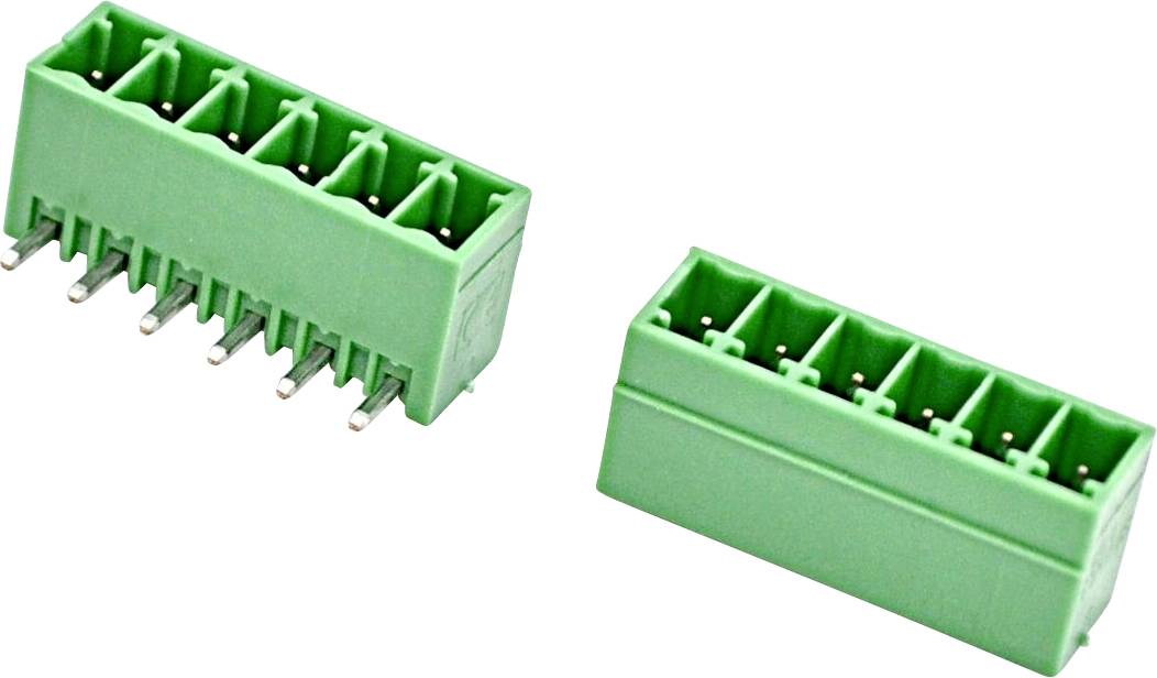 Zwei grüne 5-polige Schraubklemmleistenverbinder auf weißem Hintergrund, einer mit sichtbaren Metallstiften darunter.