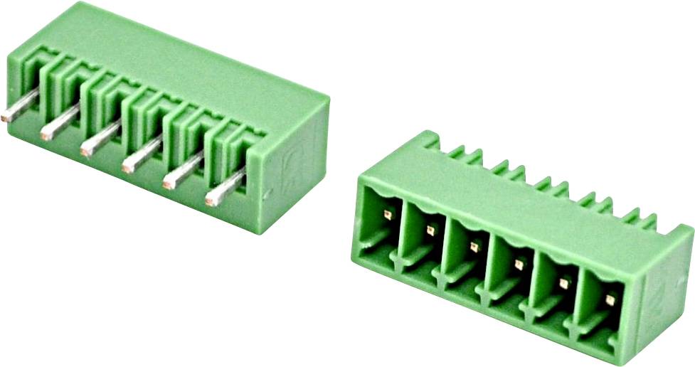 Zwei grüne Schraubklemmenblöcke, einer mit freigelegten Stiften und einer mit Drahteinführungsbuchsen, auf weißem Hintergrund.