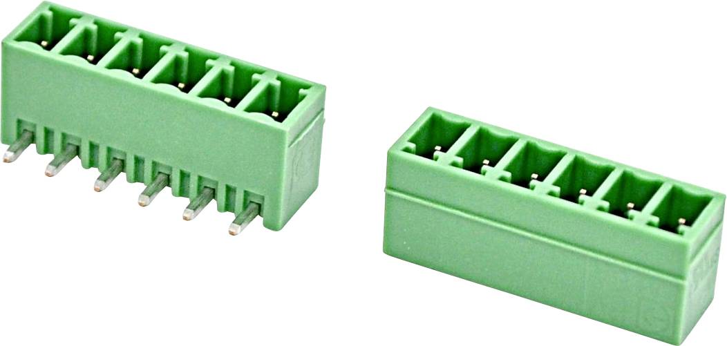 Zwei grüne steckbare Klemmleistenverbinder, einer abgewinkelt und einer gerade, auf weißem Hintergrund dargestellt.