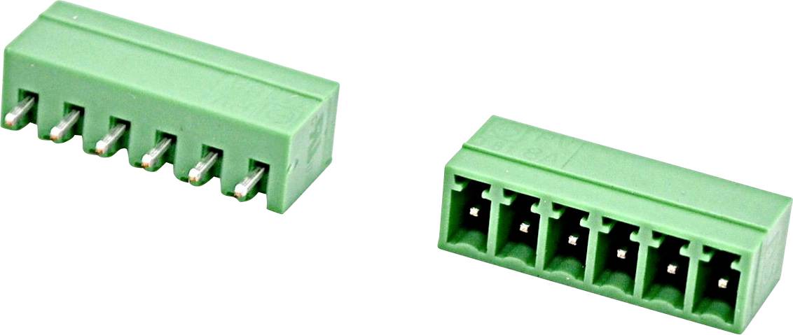 Zwei grüne Stecker-Steckklemmen-Steckverbinder mit Metallstiften, dargestellt aus zwei Blickwinkeln auf weißem Hintergrund.