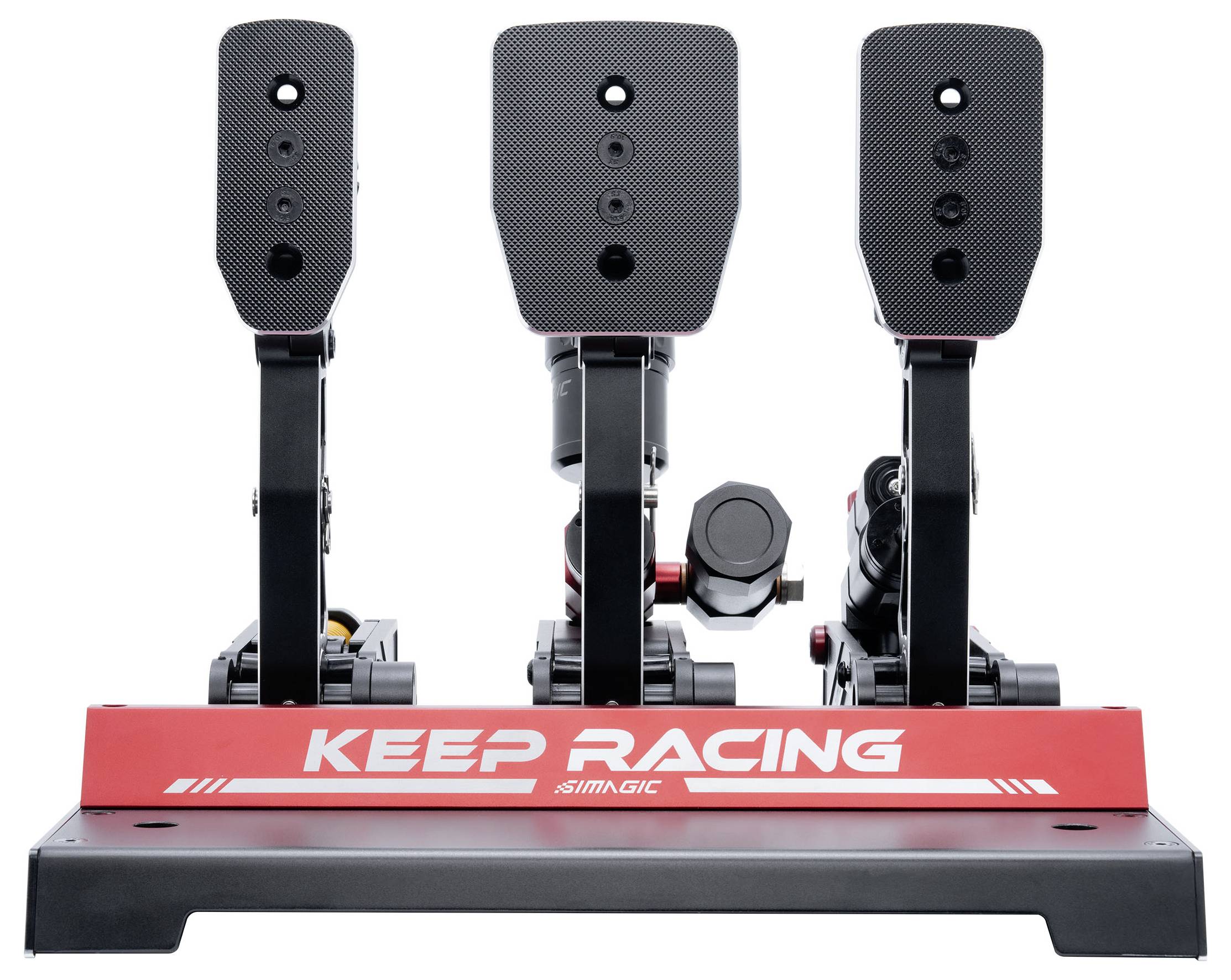 Drei schwarze Racing-Simulator-Pedale auf einer rot-schwarzen Basis mit der Beschriftung 