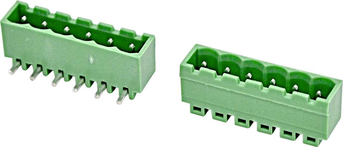 Zwei grüne 5-polige Drahtanschluss-Steckverbinder auf weißem Hintergrund, einer nach links abgewinkelt und einer nach rechts abgewinkelt.