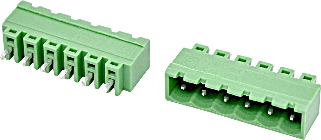 Zwei grüne mehrpolige Elektroklemmenleisten-Stecker, in einem Winkel dargestellt, mit freigelegten Metallstiften und Drahteinführungsöffnungen.