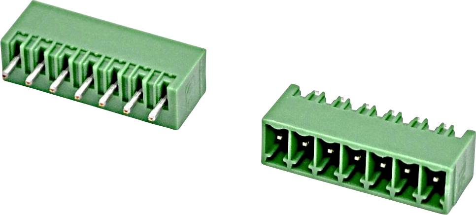 Zwei grüne 8-polige elektrische Klemmleisten, die in verschiedenen Winkeln auf weißem Hintergrund gezeigt werden, eine Seitenansicht mit Metallstiften und eine Vorderansicht mit Drahteingängen.