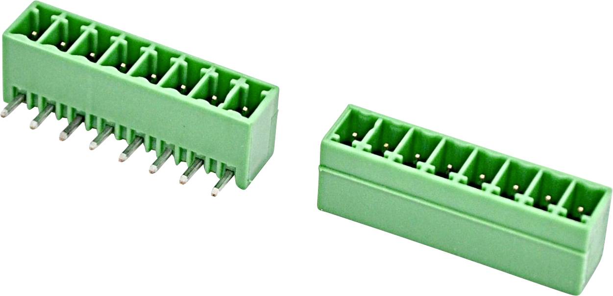 Zwei grüne mehrpolige Steckverbinder mit Klemmblock, einer mit freigelegten Lötstiften und einer ohne, auf weißem Hintergrund dargestellt.