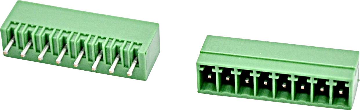 Zwei grüne rechteckige elektrische Klemmleisten mit mehreren Metallstiftsockeln, dargestellt aus angewinkelter Seiten- und Frontansicht auf weißem Hintergrund.