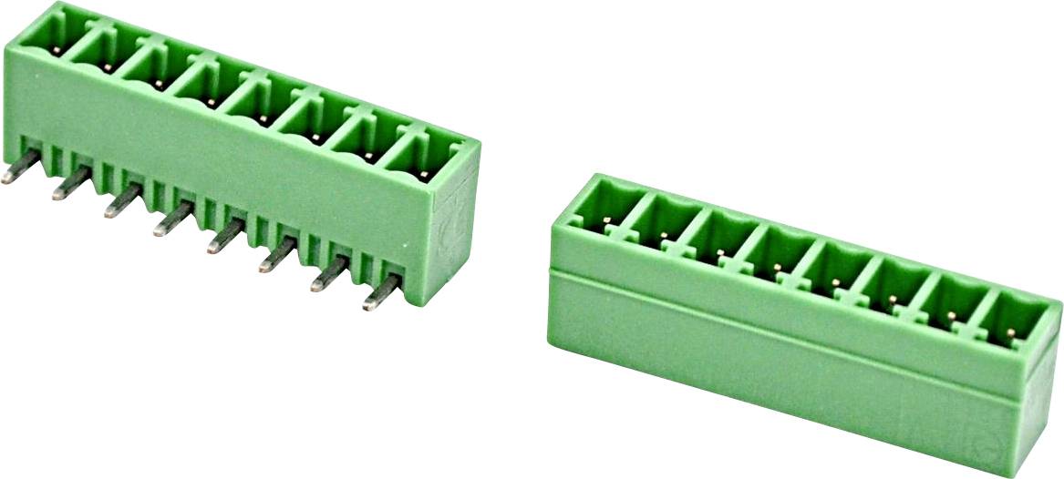 Grüner Elektrostecker-Anschlussblock in zwei angewinkelten Ansichten auf weißem Hintergrund.