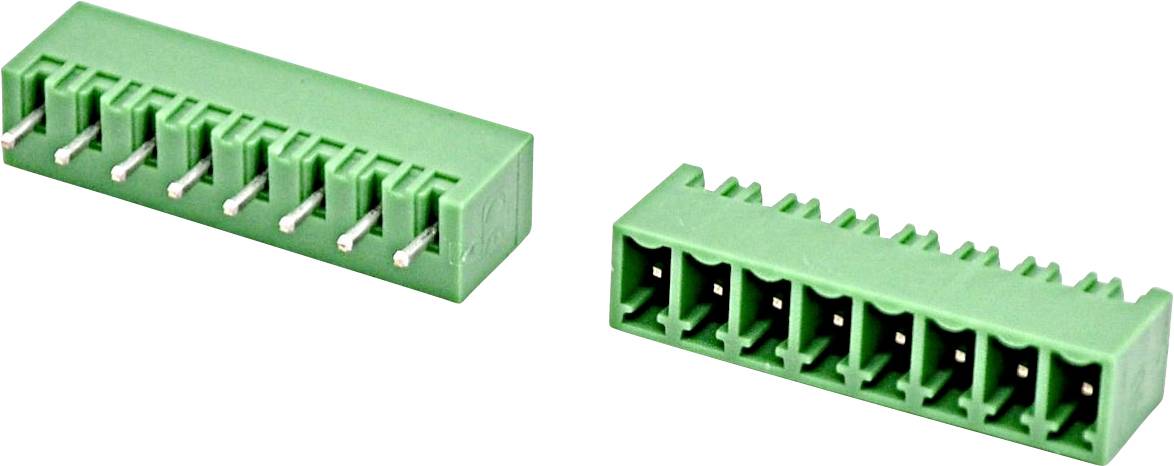 Zwei grüne rechteckige mehrpolige Klemmleistenverbinder, dargestellt aus schrägem Seitenblick.