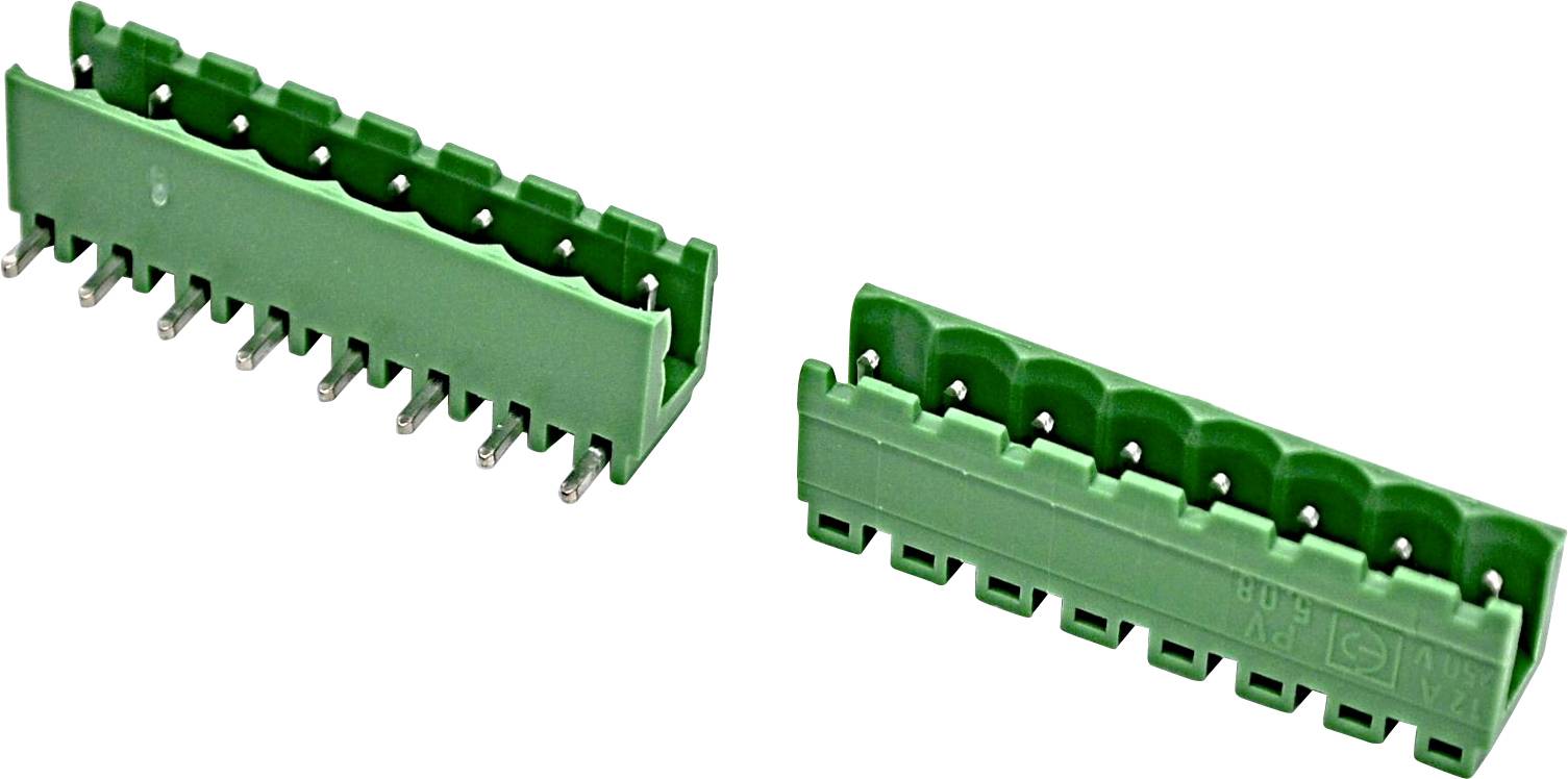 Zwei grüne Schraubklemmenblöcke in verschiedenen Winkeln dargestellt, jeweils mit mehreren Drahtöffnungen und Metallkontakten darunter.