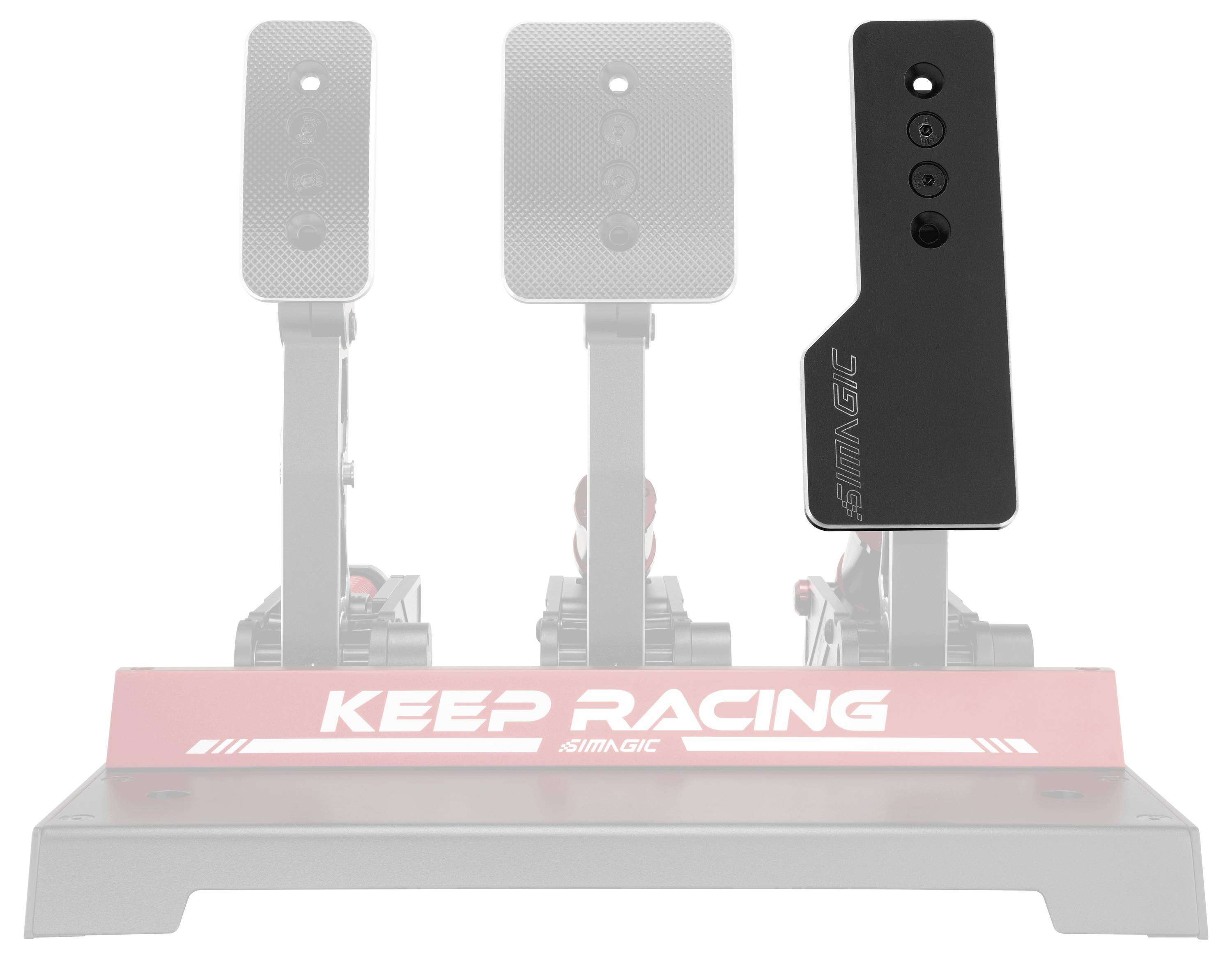 Rennsimulatoren-Pedalsatz mit drei aufrechten Pedalplatten und einer roten Basis mit der Aufschrift „KEEP RACING