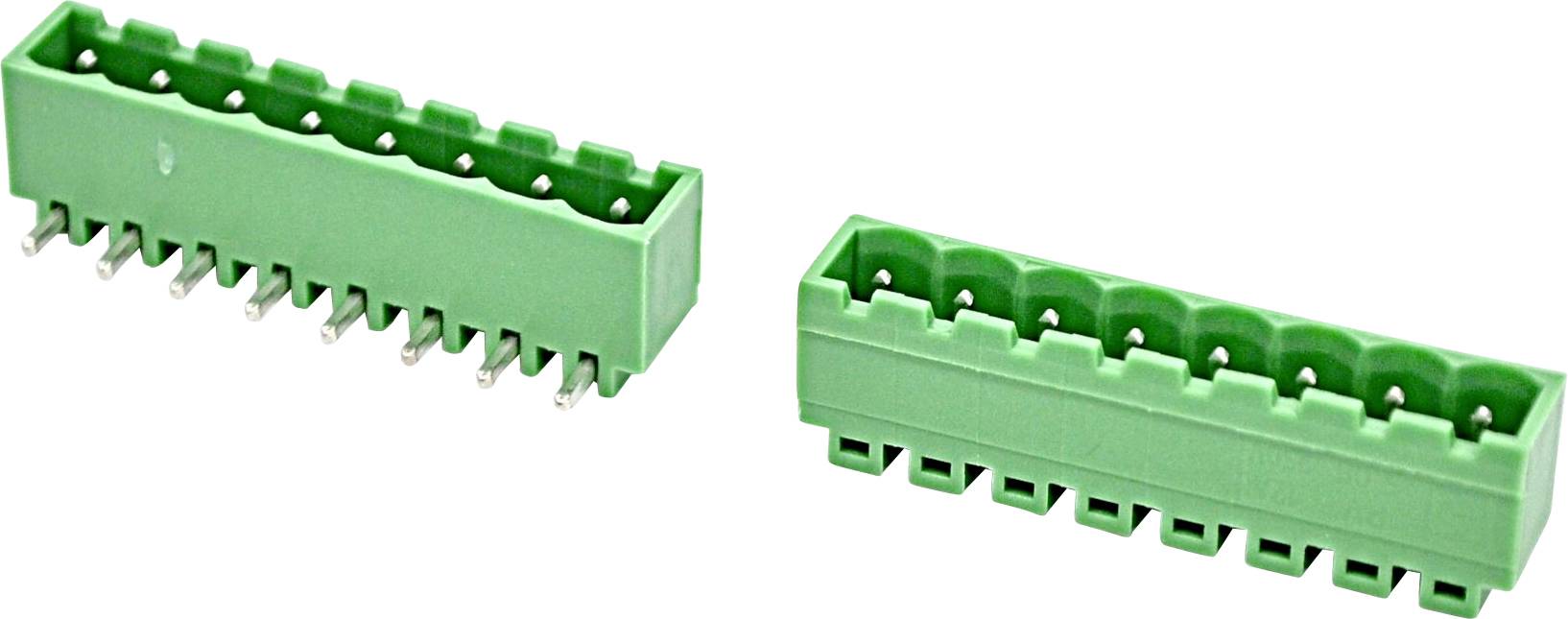 Zwei grüne rechteckige Klemmleisten mit Reihen von Metallstiften, gezeigt in Seiten- und Vorderansicht auf weißem Hintergrund.