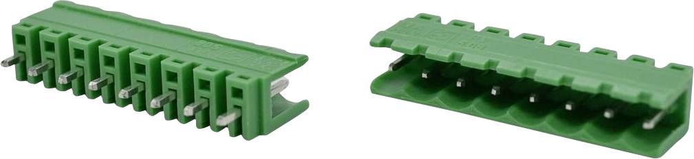 Grünes Kunststoffverbindergehäuse, das aus zwei Winkeln gezeigt wird, mit einer Reihe von Stiftkontakten und Verriegelungslaschen.