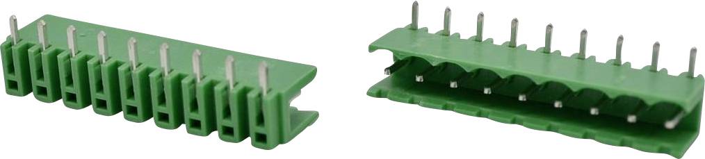 Grüner Kunststoff-Elektrostecker mit Metallstiften, von zwei Winkeln auf weißem Hintergrund gezeigt.