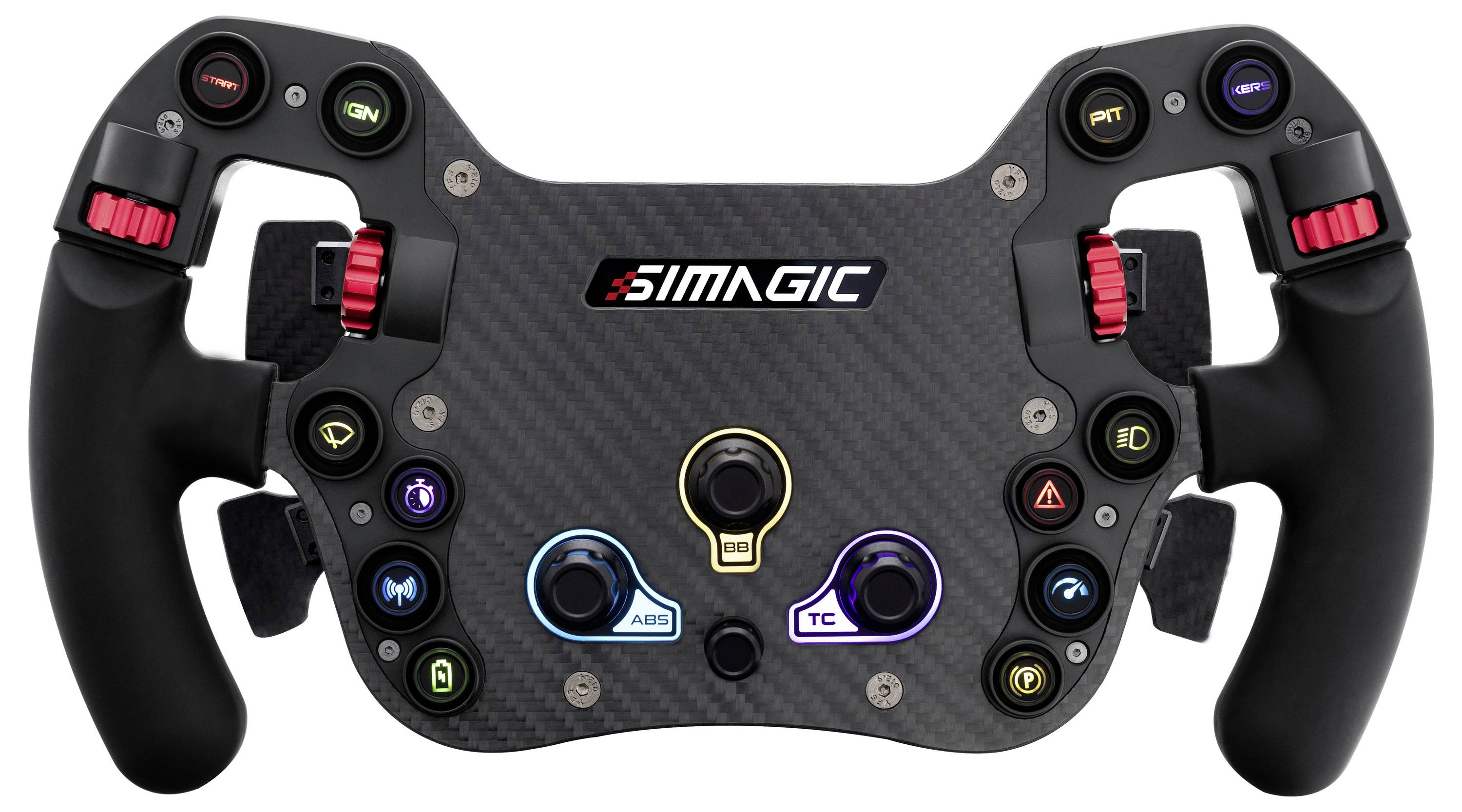 Simagic Rennlenker mit Doppelgriffen, roten Daumenencodern, mehreren Tasten und zentral platziertem 