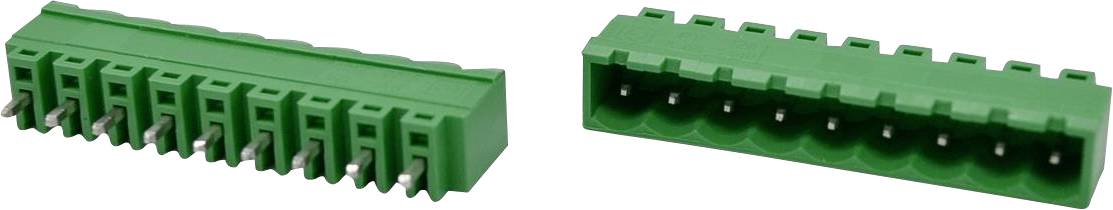 Zwei grüne mehrpolige Elektrosteckverbinder nebeneinander gezeigt, eine Schrägansicht und eine Frontansicht mit sichtbaren Steckeröffnungen.