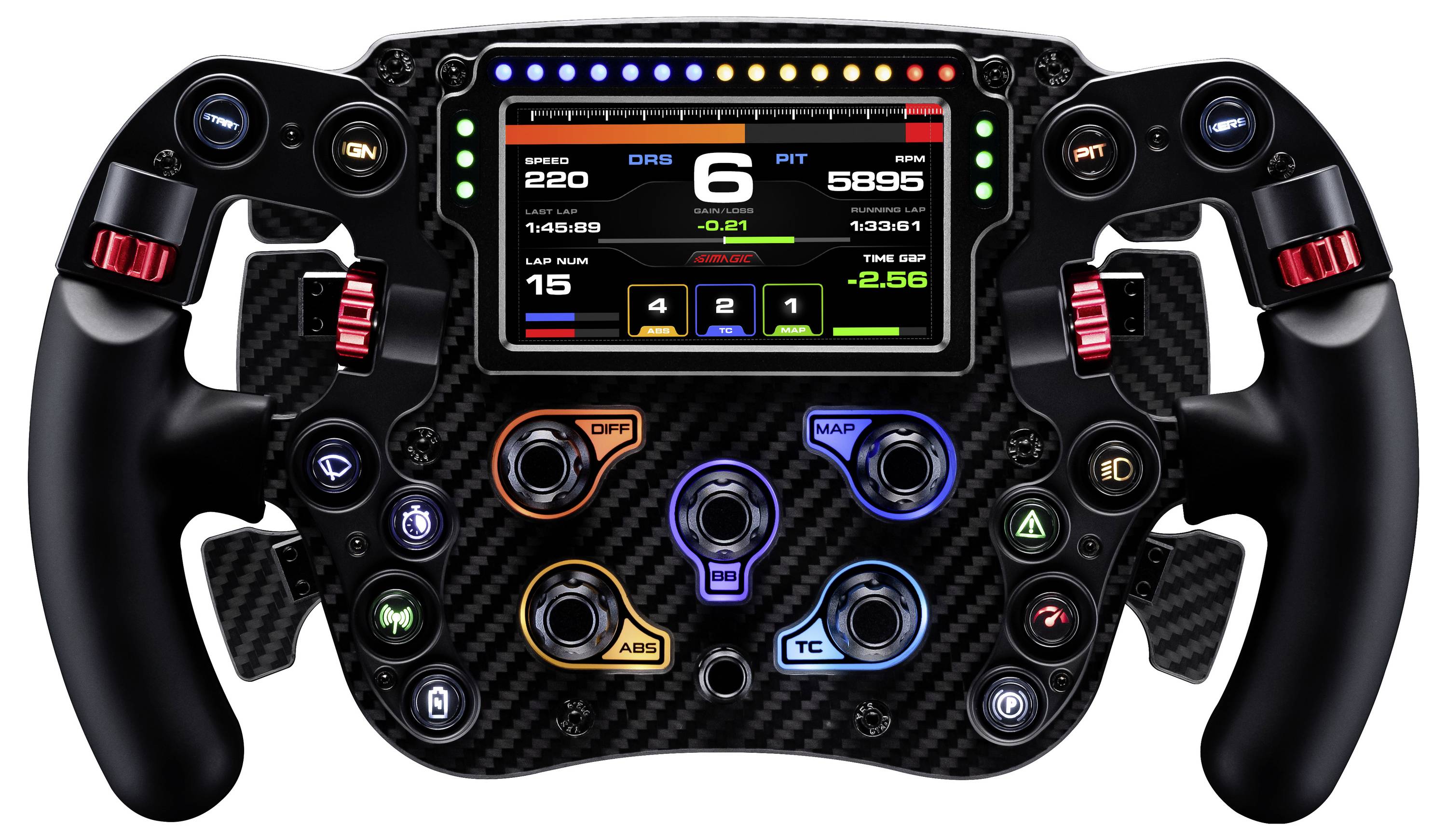 Ein Formel-1-Rennlenkrad mit mehreren Steuertasten, Drehreglern und einem digitalen Display, das Geschwindigkeit, Gang, Box und Rundendata anzeigt.
