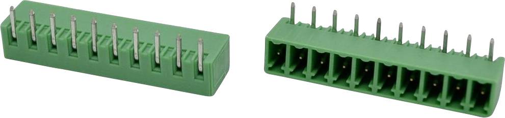 Zwei grüne mehrpolige Steckverbinder, nebeneinander angeordnet, einer in einem Winkel positioniert, um die Stiftseite zu zeigen, und einer, um die Buchsenöffnungen zu offenbaren.